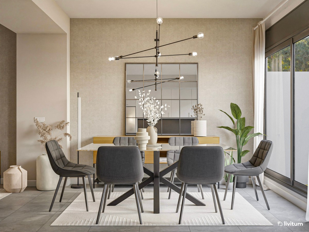 Salón comedor elegante y acogedor en tonos neutros