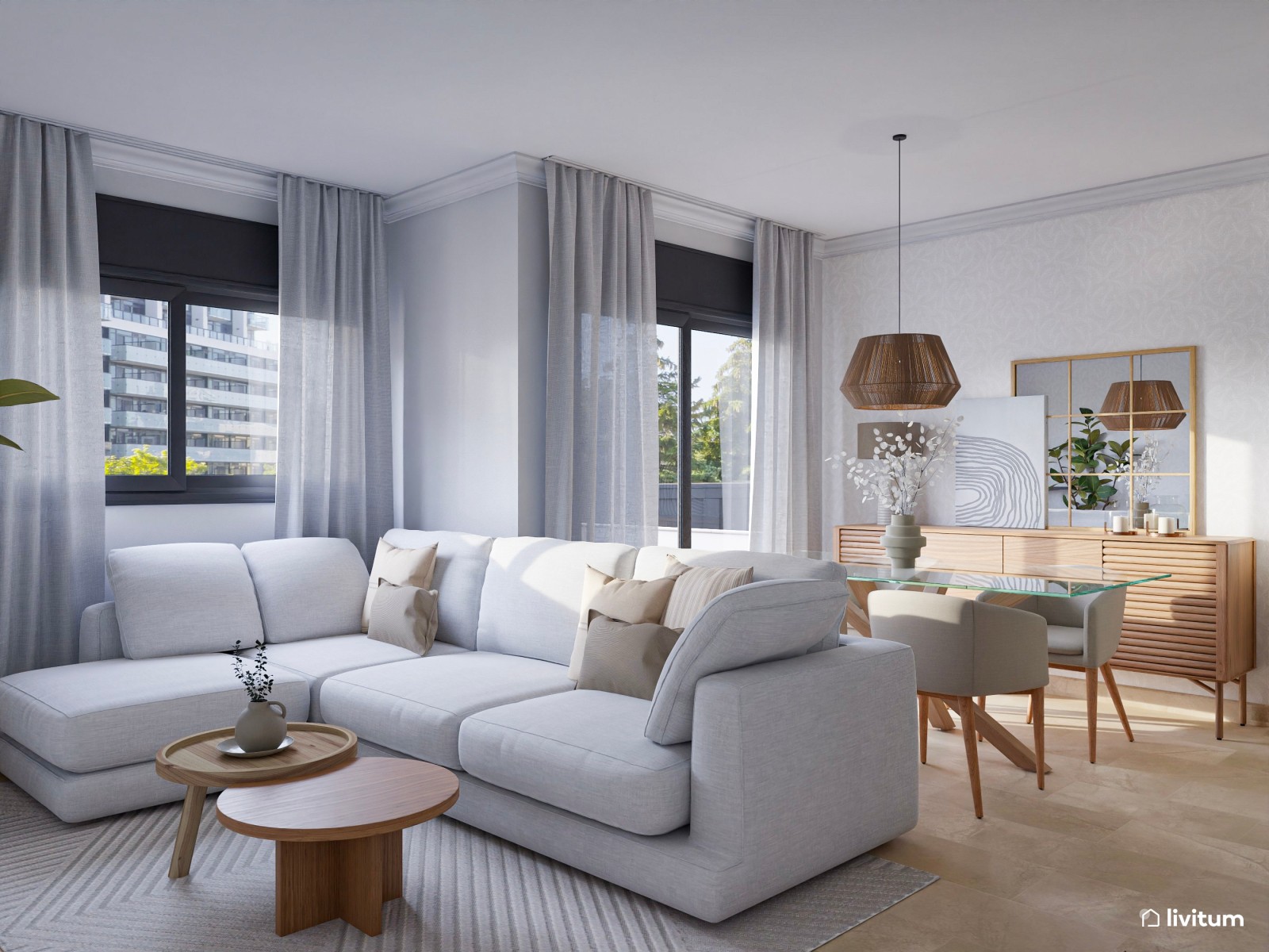  Salón comedor elegante y nórdico de 22 m² 