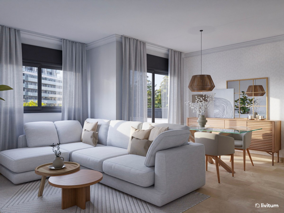 Salón comedor elegante y nórdico de 22 m²