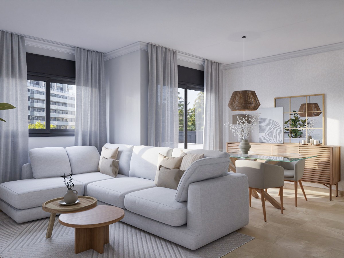 Salón comedor elegante y nórdico de 22 m²