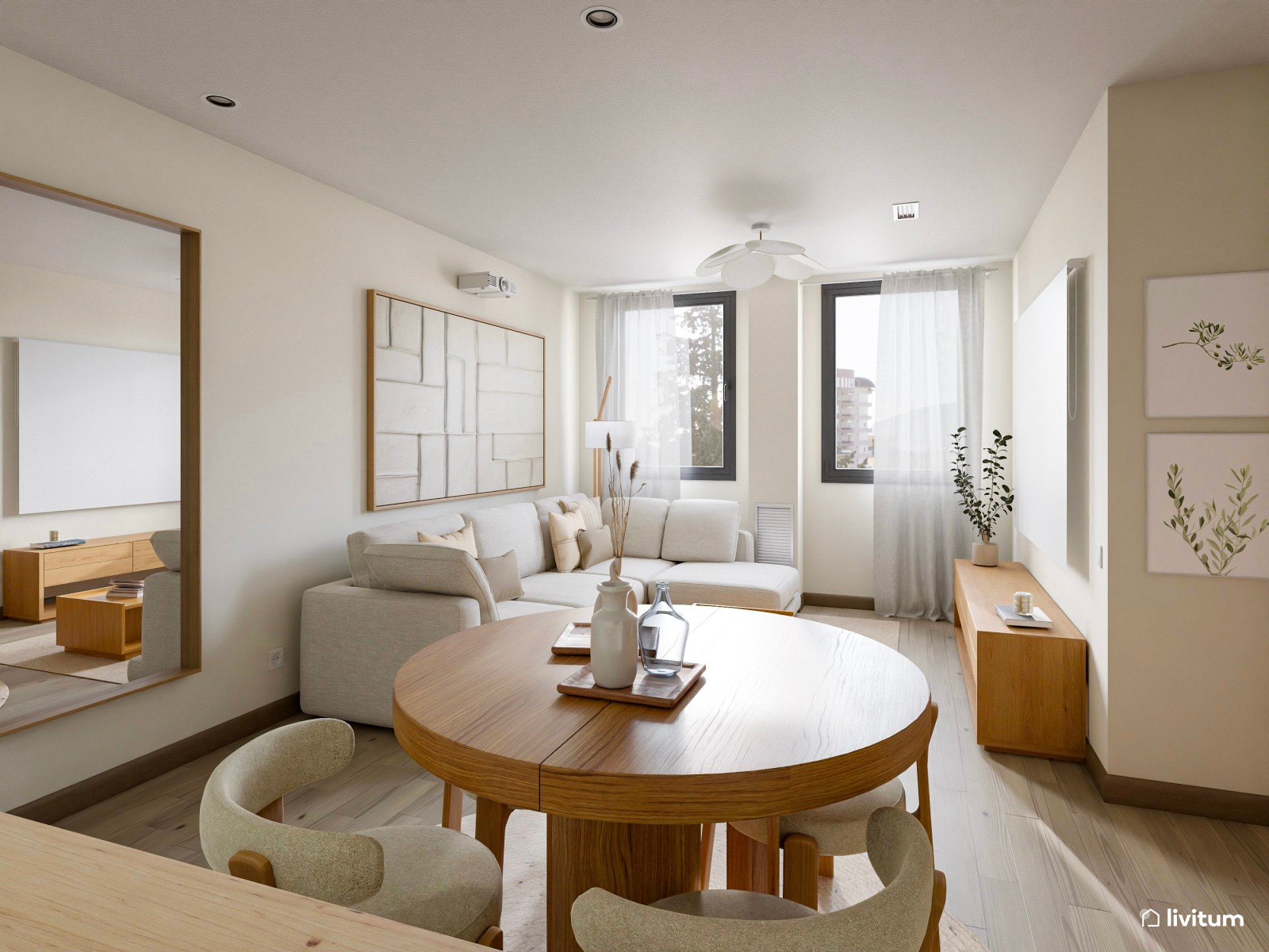 Salón comedor en beige de estilo nórdico con mesa redonda 