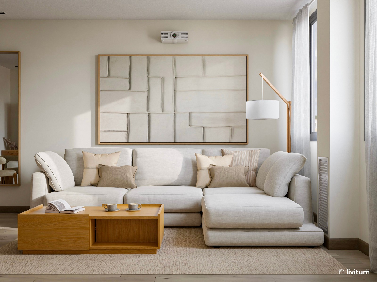 Salón comedor en beige de estilo nórdico con mesa redonda 