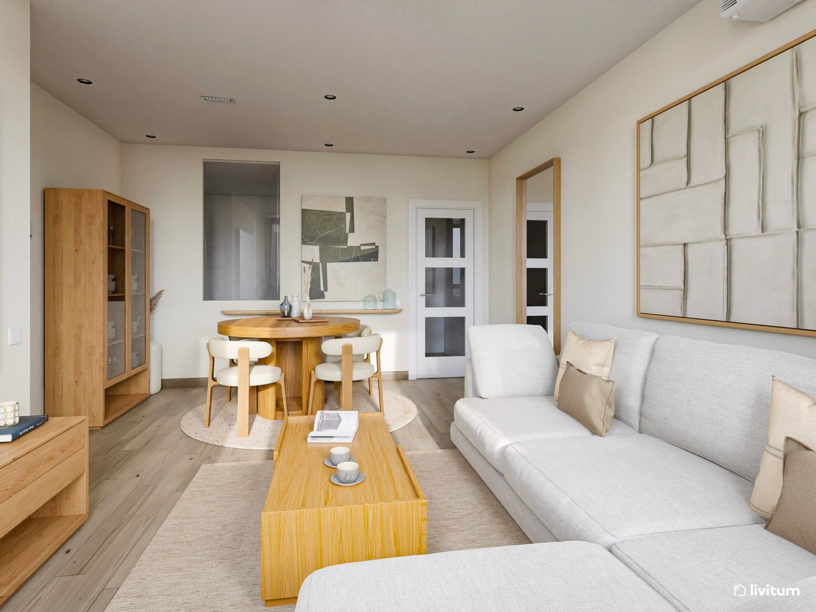 Salón comedor en beige de estilo nórdico con mesa redonda 