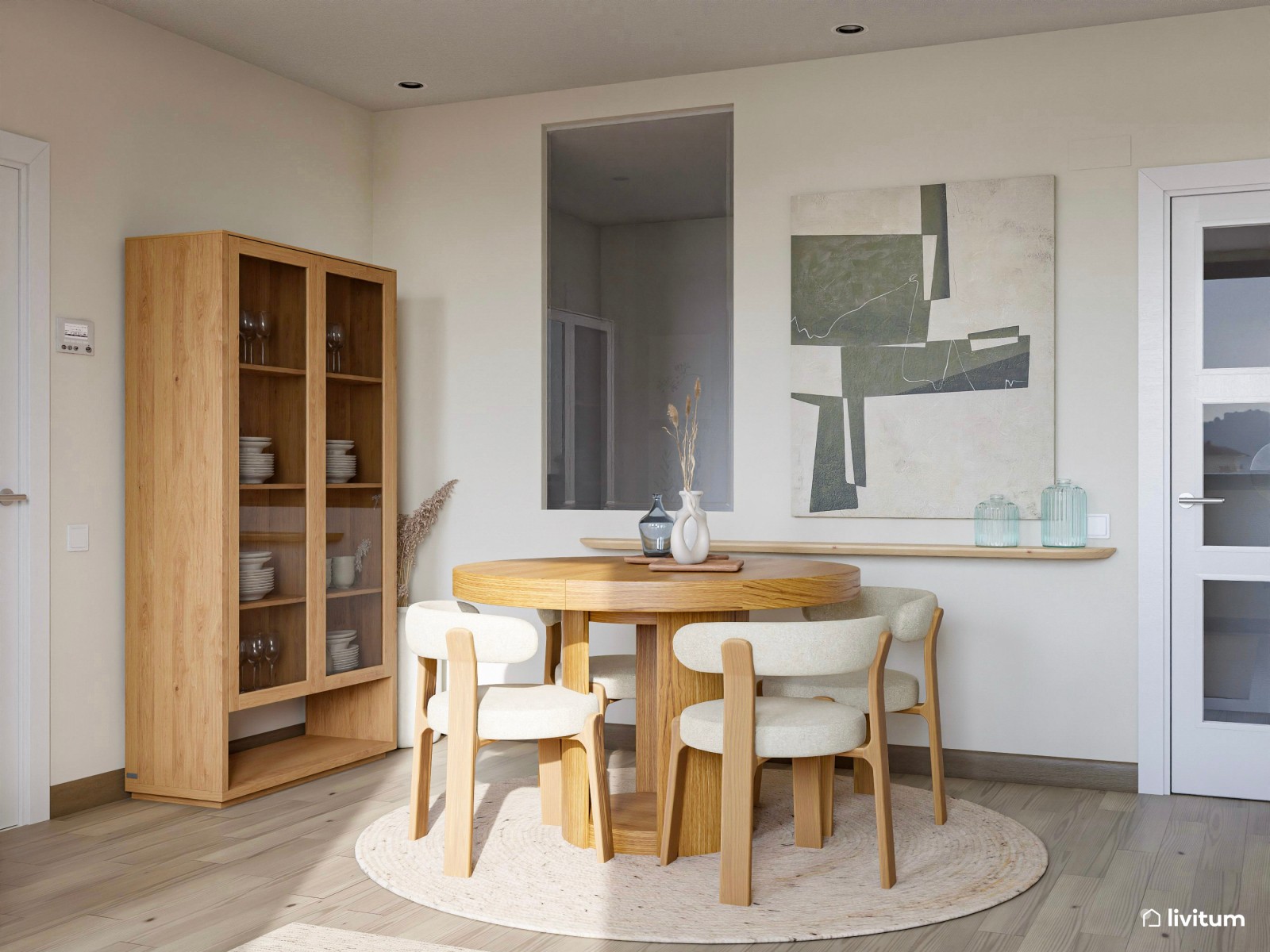 Salón comedor en beige de estilo nórdico con mesa redonda 