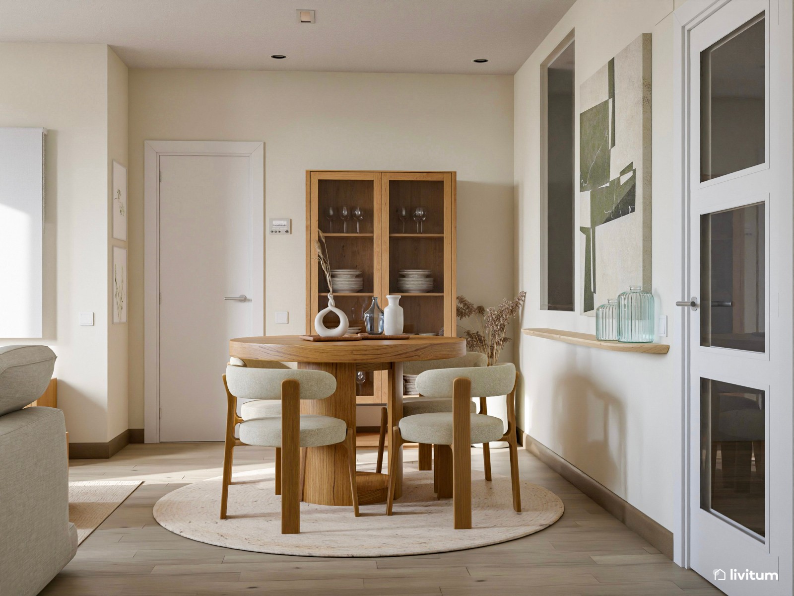 Salón comedor en beige de estilo nórdico con mesa redonda 