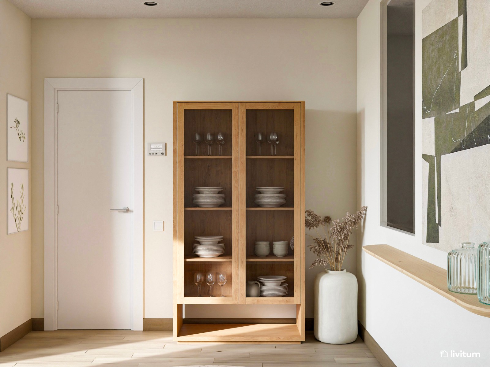 Salón comedor en beige de estilo nórdico con mesa redonda 