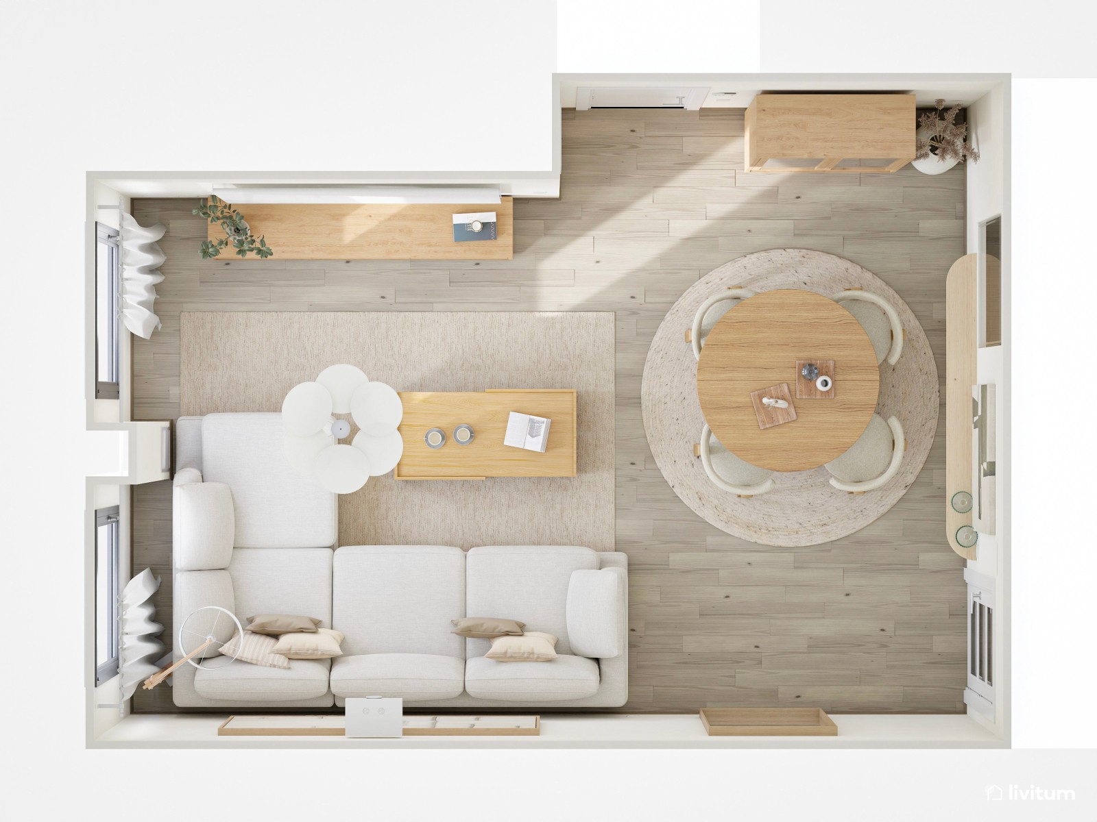 Salón comedor en beige de estilo nórdico con mesa redonda 