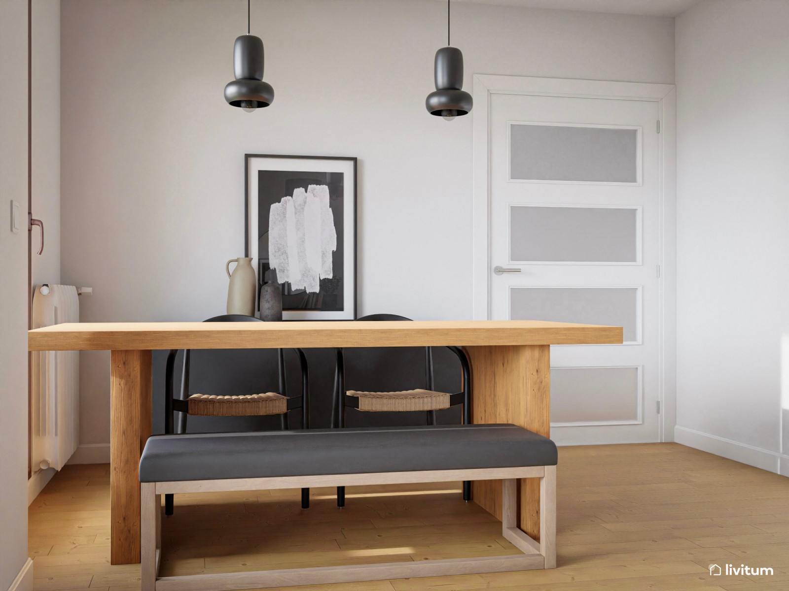 Salón comedor en beige, gris y negro 