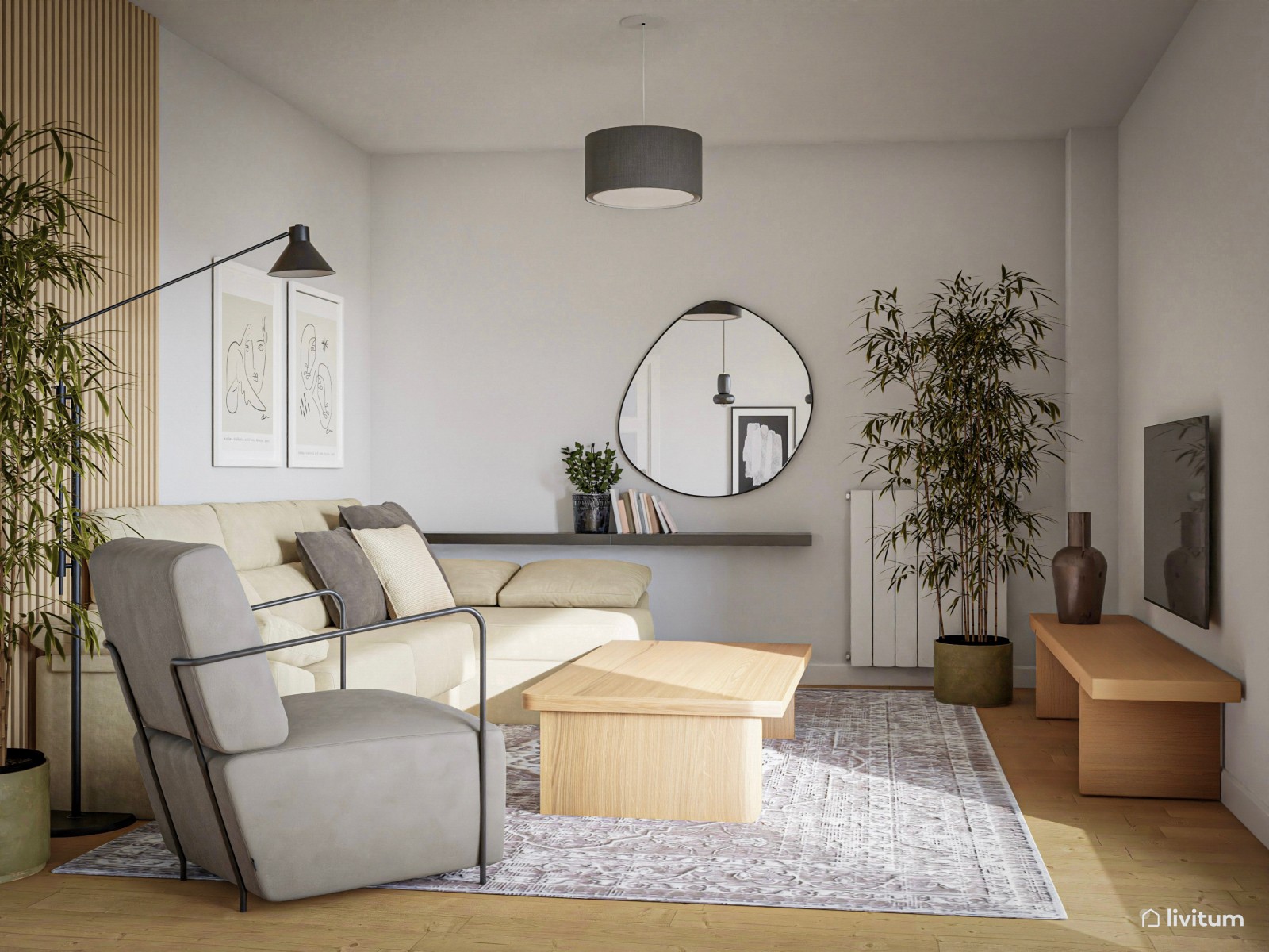 Salón comedor en beige, gris y negro 