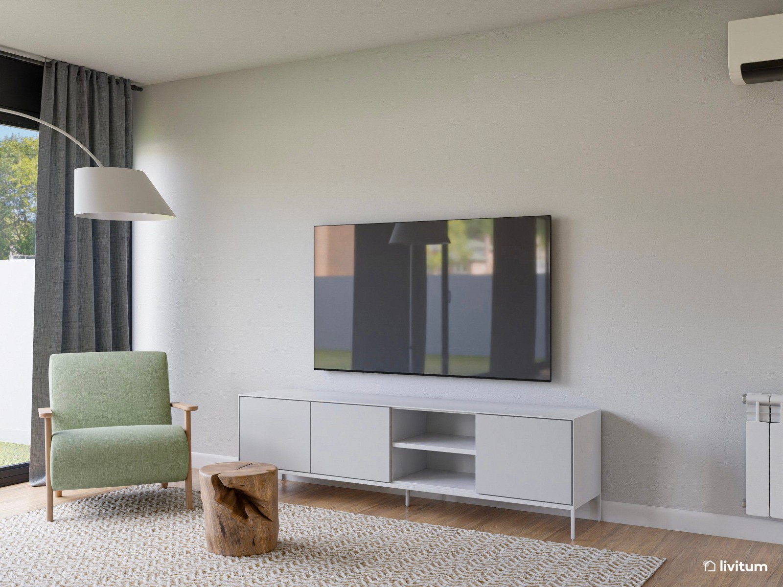 Salón comedor en blanco con suaves toques de madera 