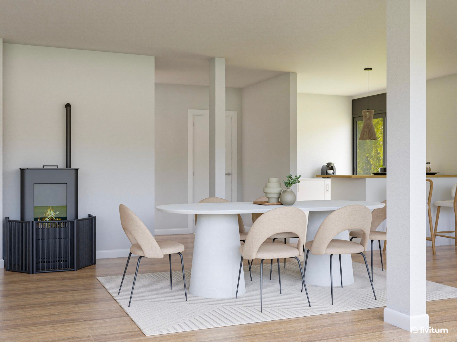 Salón comedor en blanco con suaves toques de madera 