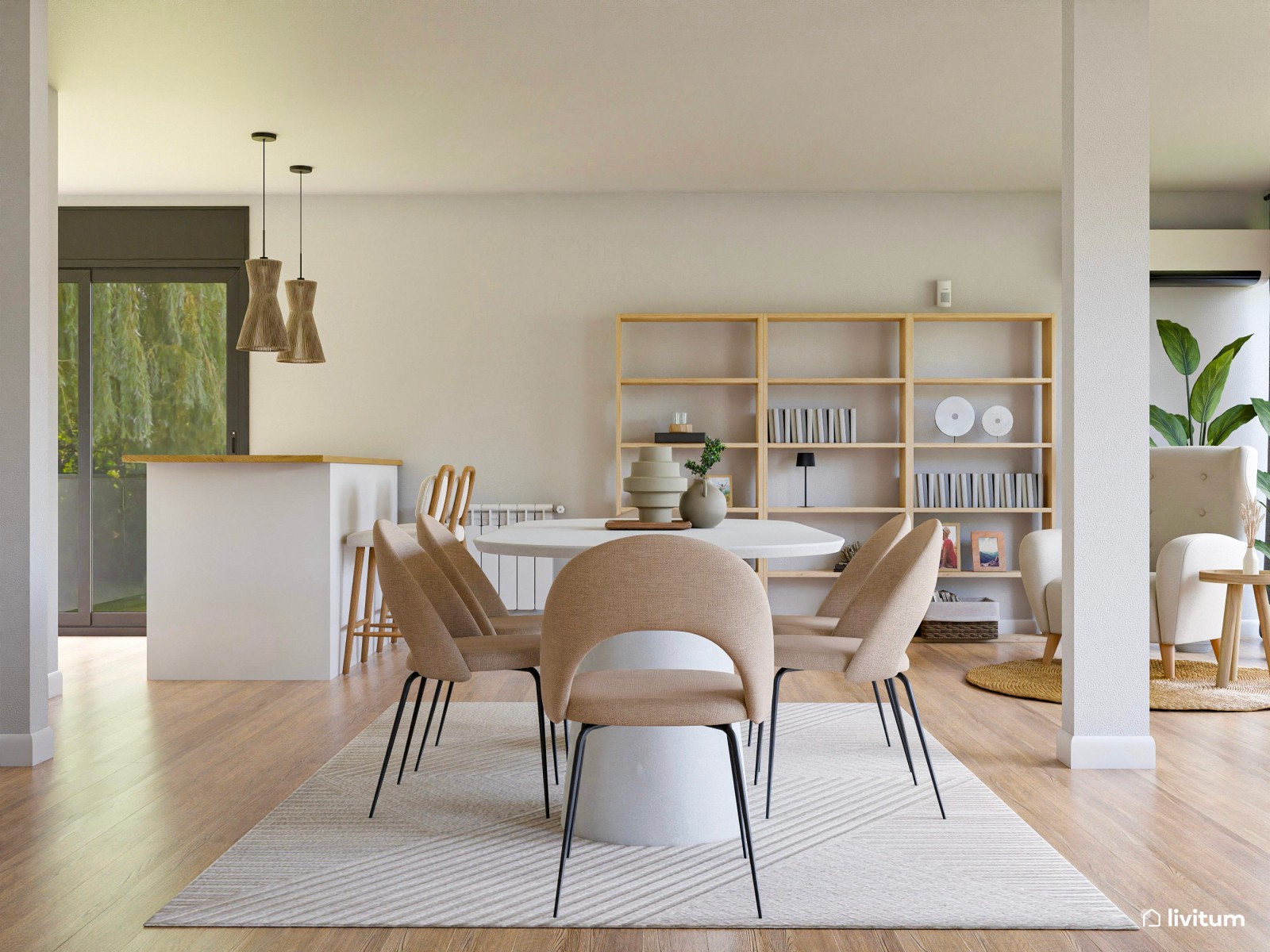 Salón comedor en blanco con suaves toques de madera 