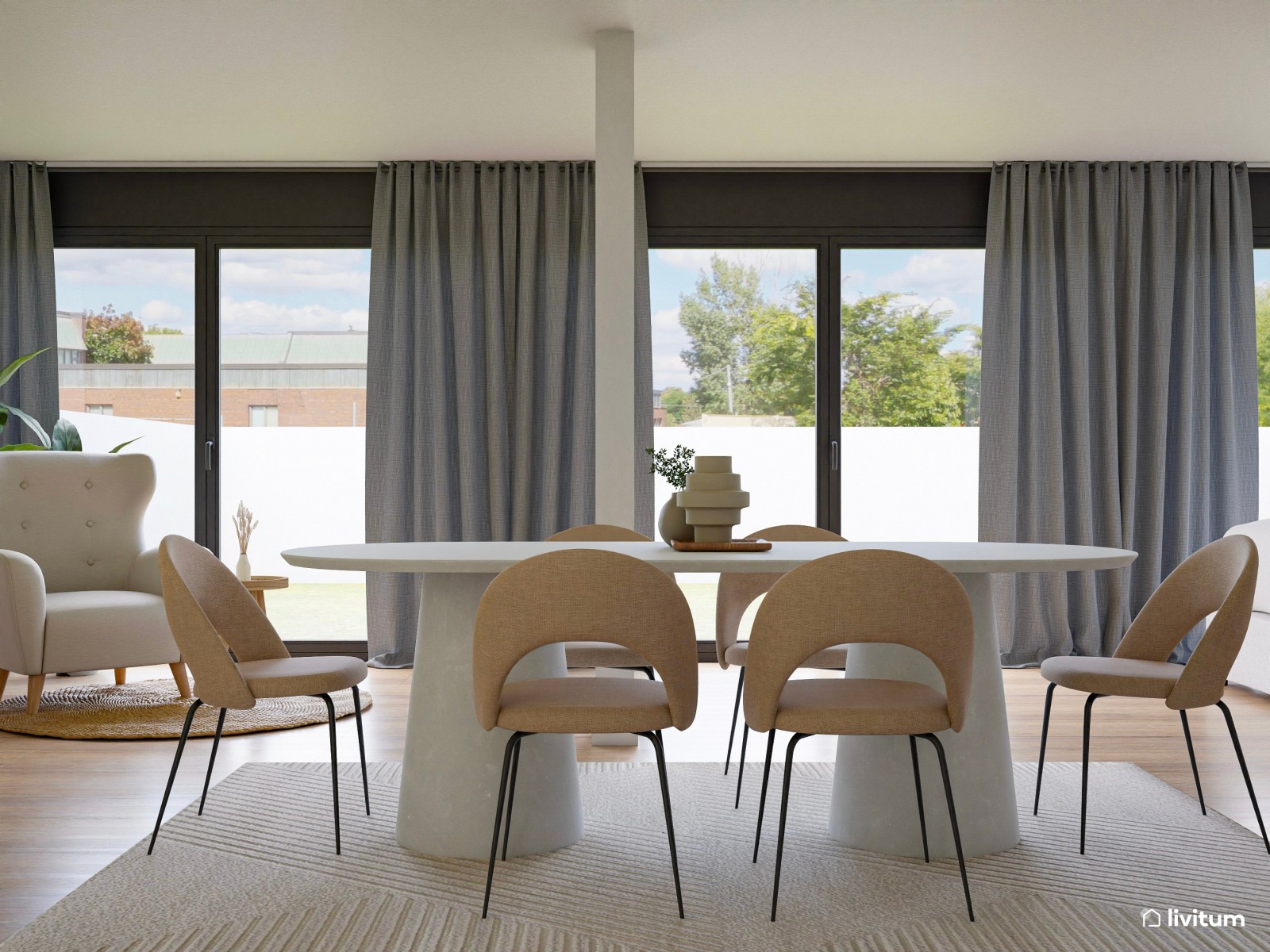 Salón comedor en blanco con suaves toques de madera 