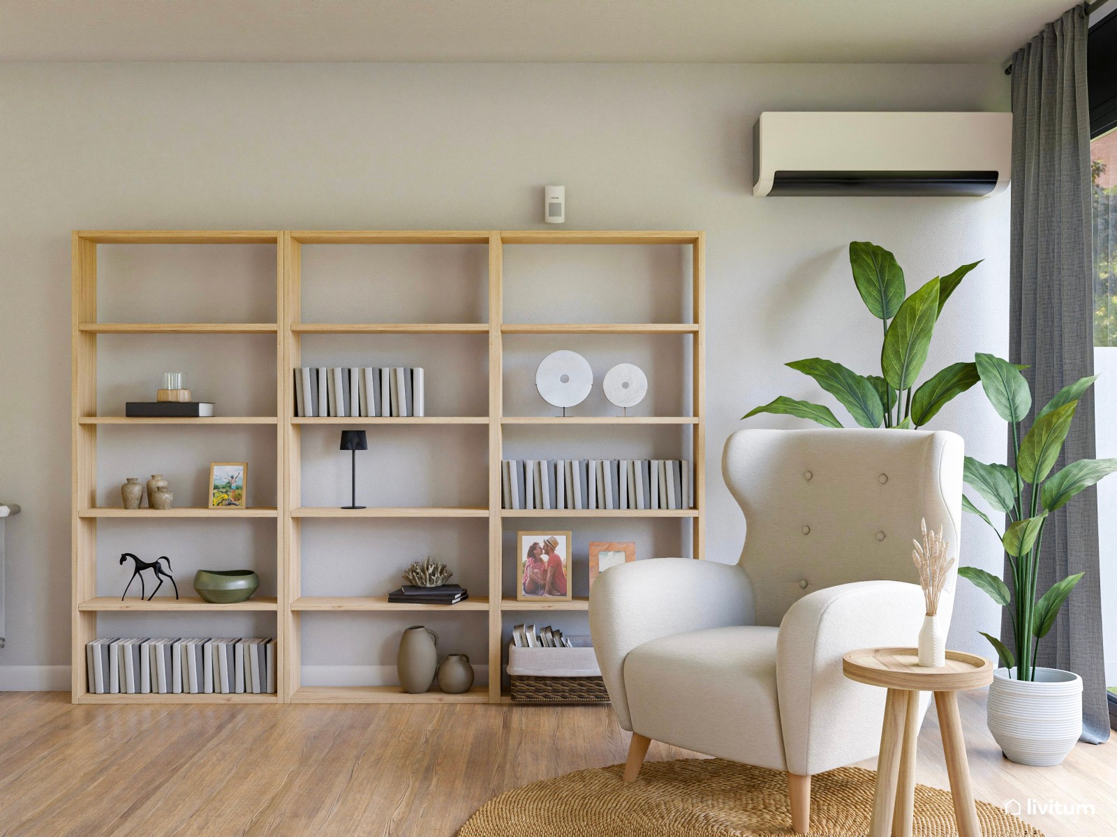 Salón comedor en blanco con suaves toques de madera 