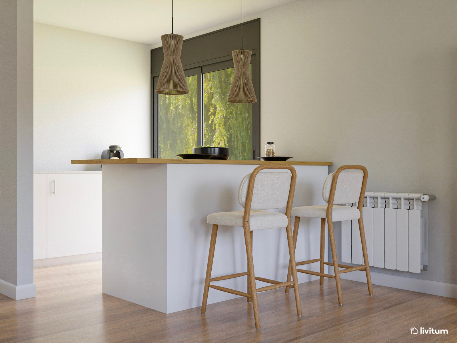 Salón comedor en blanco con suaves toques de madera 