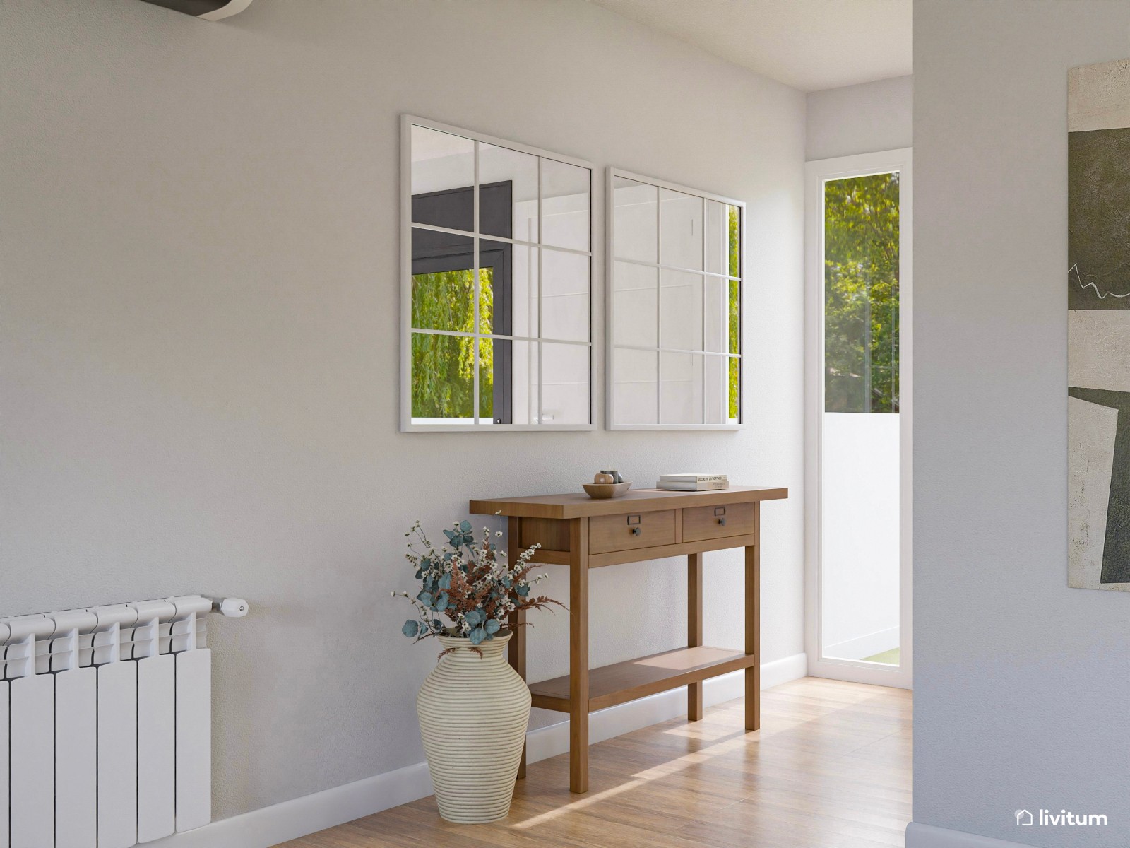 Salón comedor en blanco con suaves toques de madera 