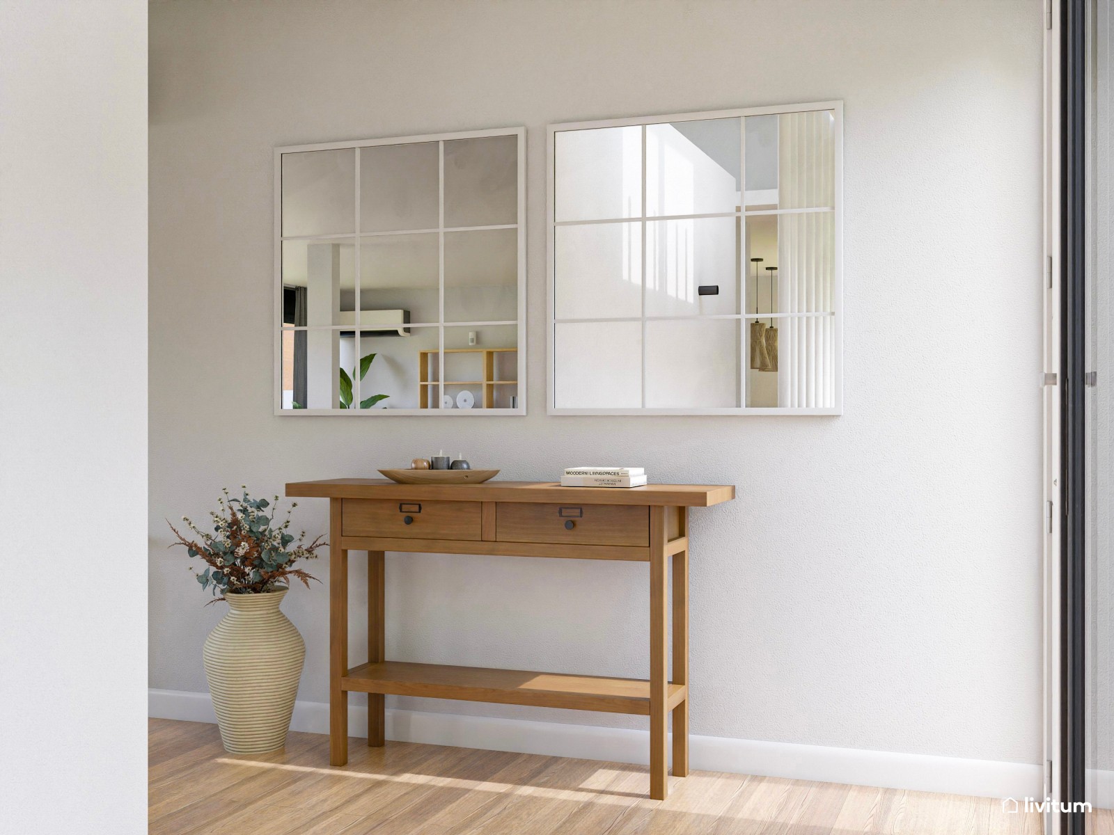 Salón comedor en blanco con suaves toques de madera 
