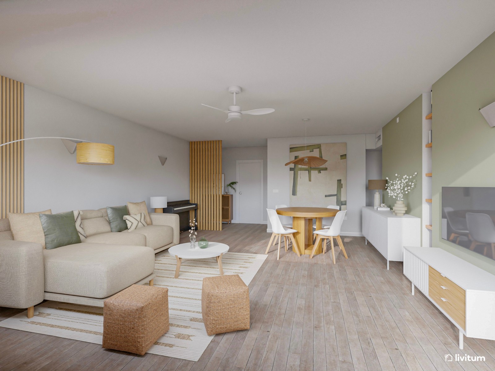 Salón comedor en blanco, verde y madera