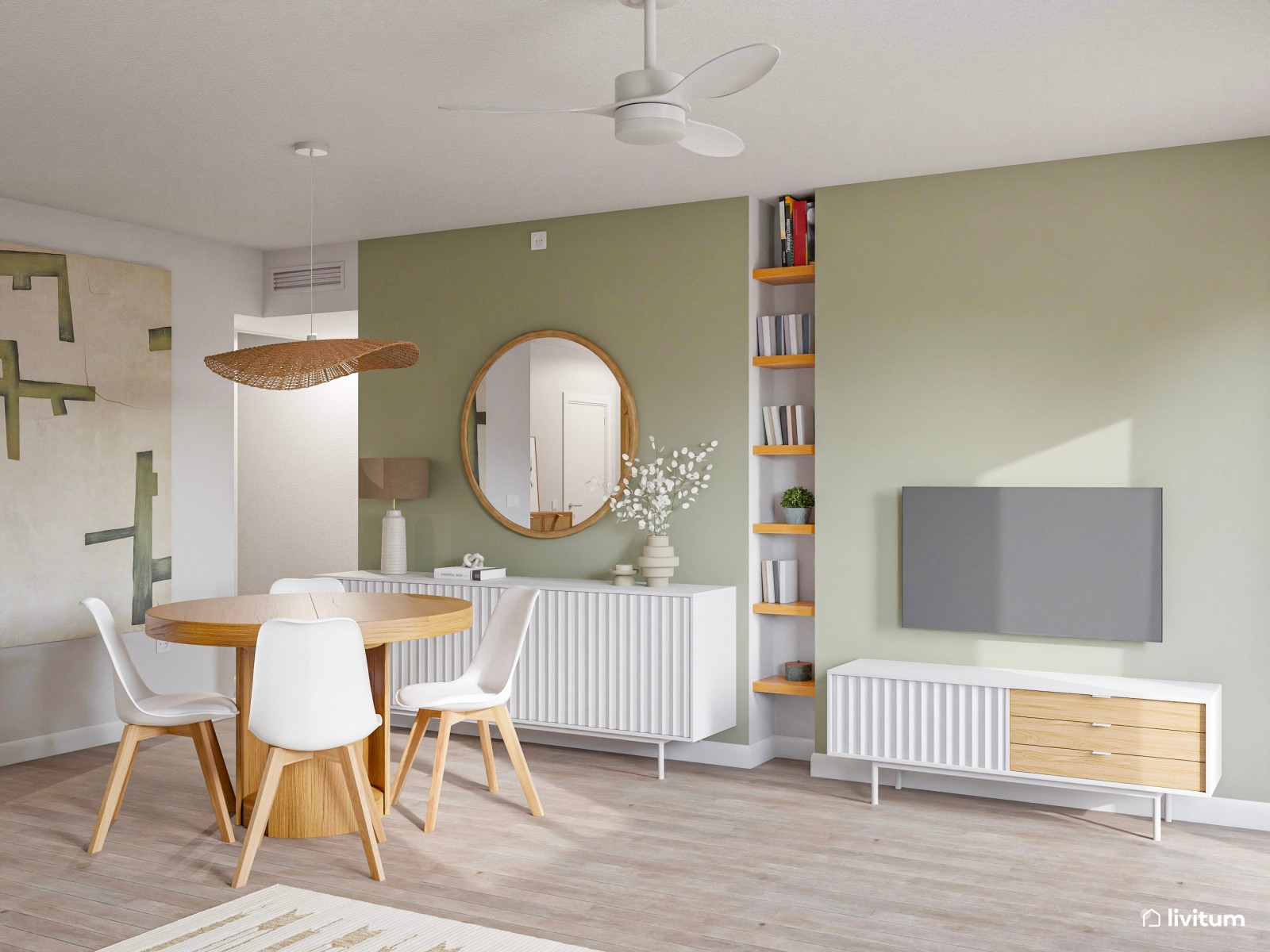 Salón comedor en blanco, verde y madera