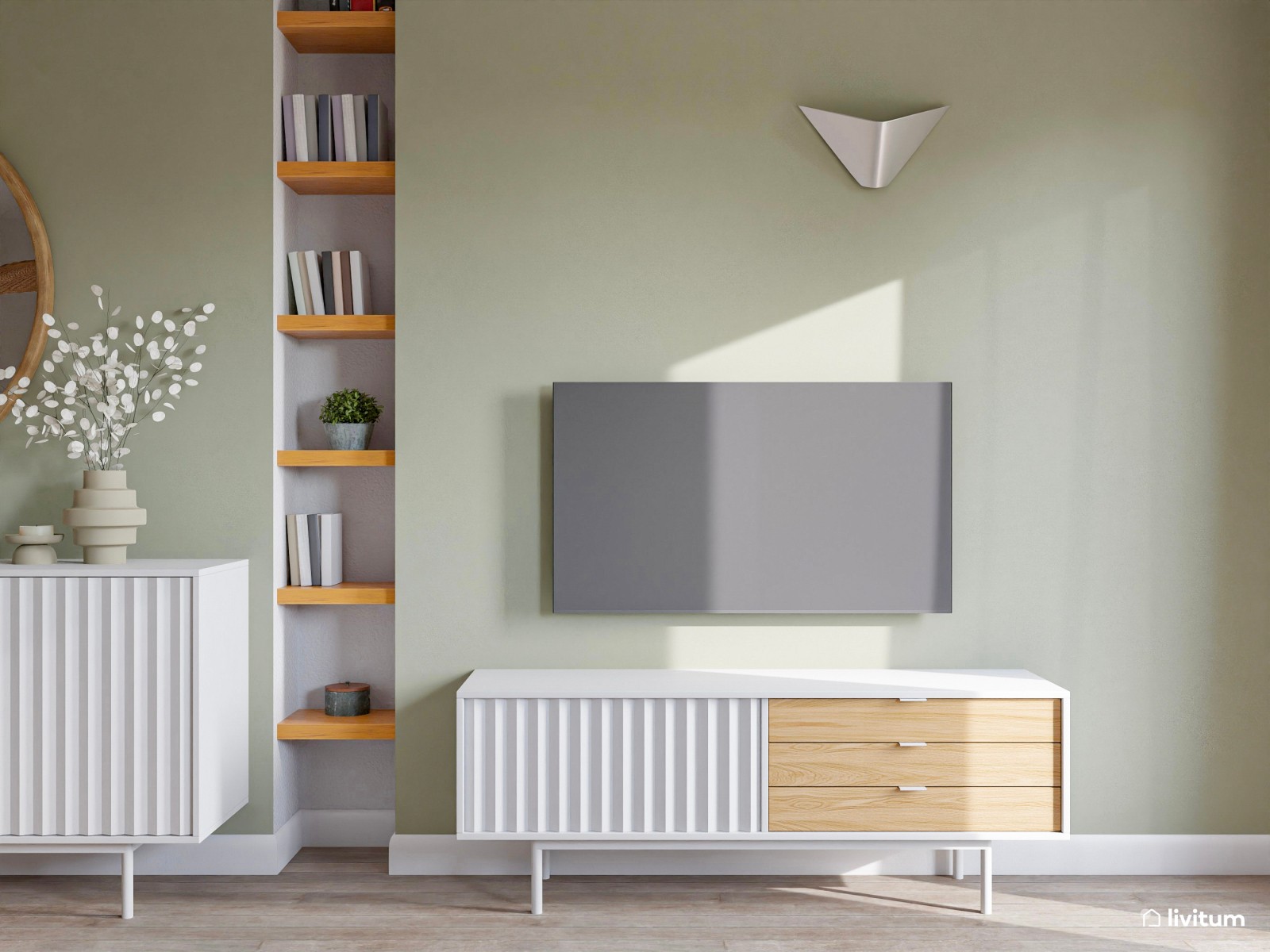 Salón comedor en blanco, verde y madera