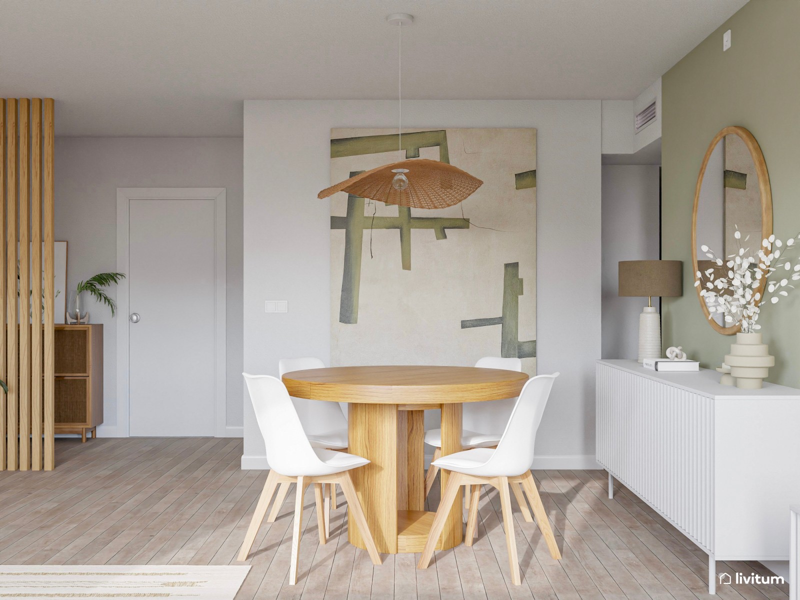 Salón comedor en blanco, verde y madera