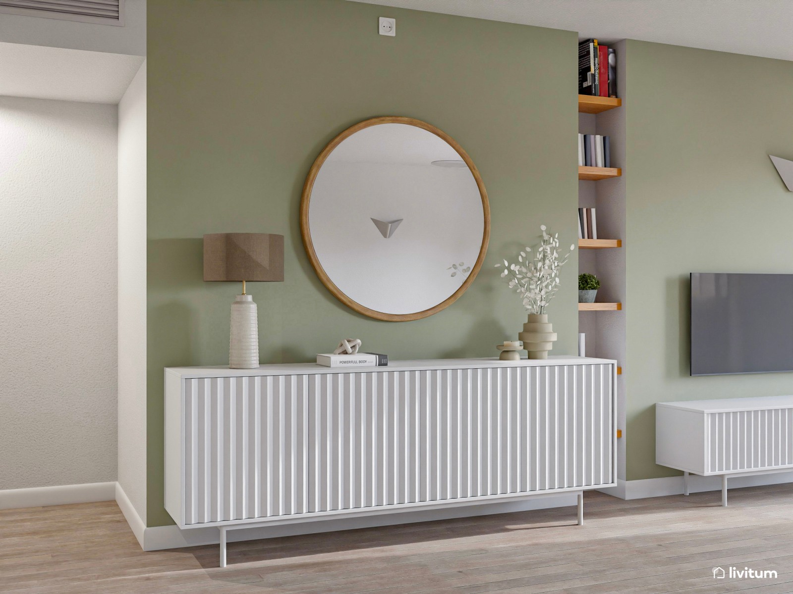 Salón comedor en blanco, verde y madera