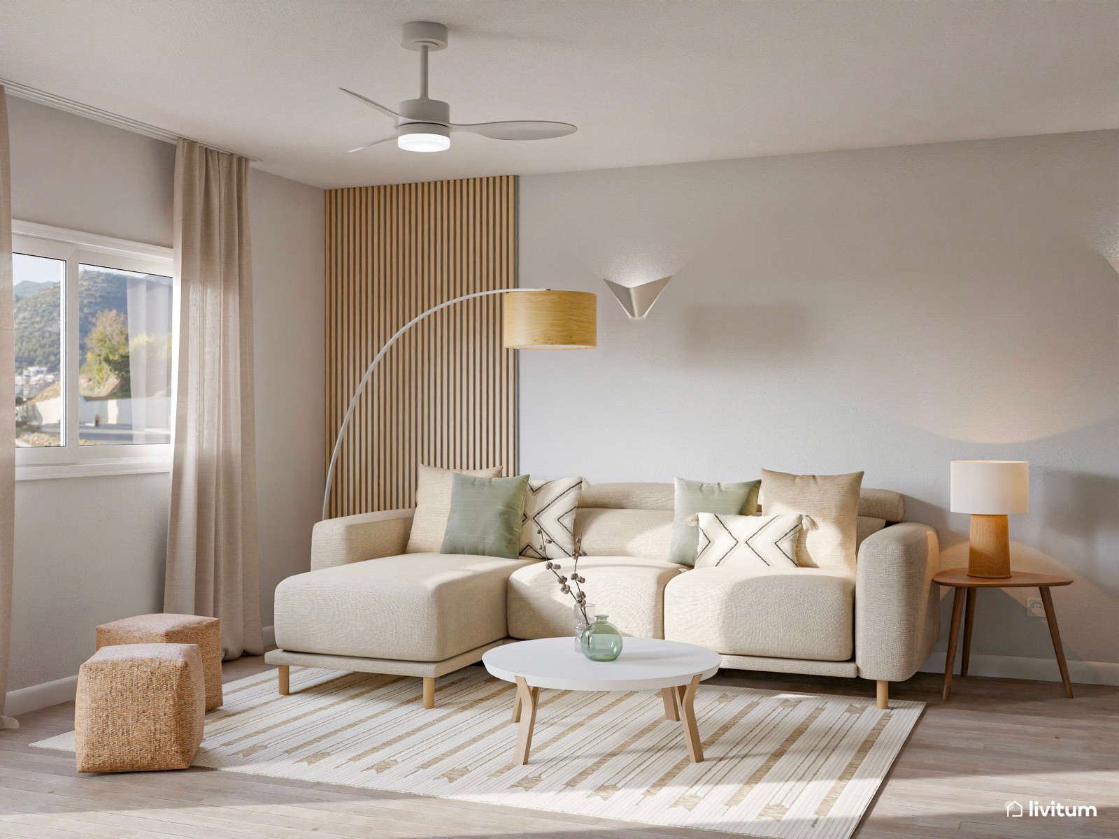 Salón comedor en blanco, verde y madera