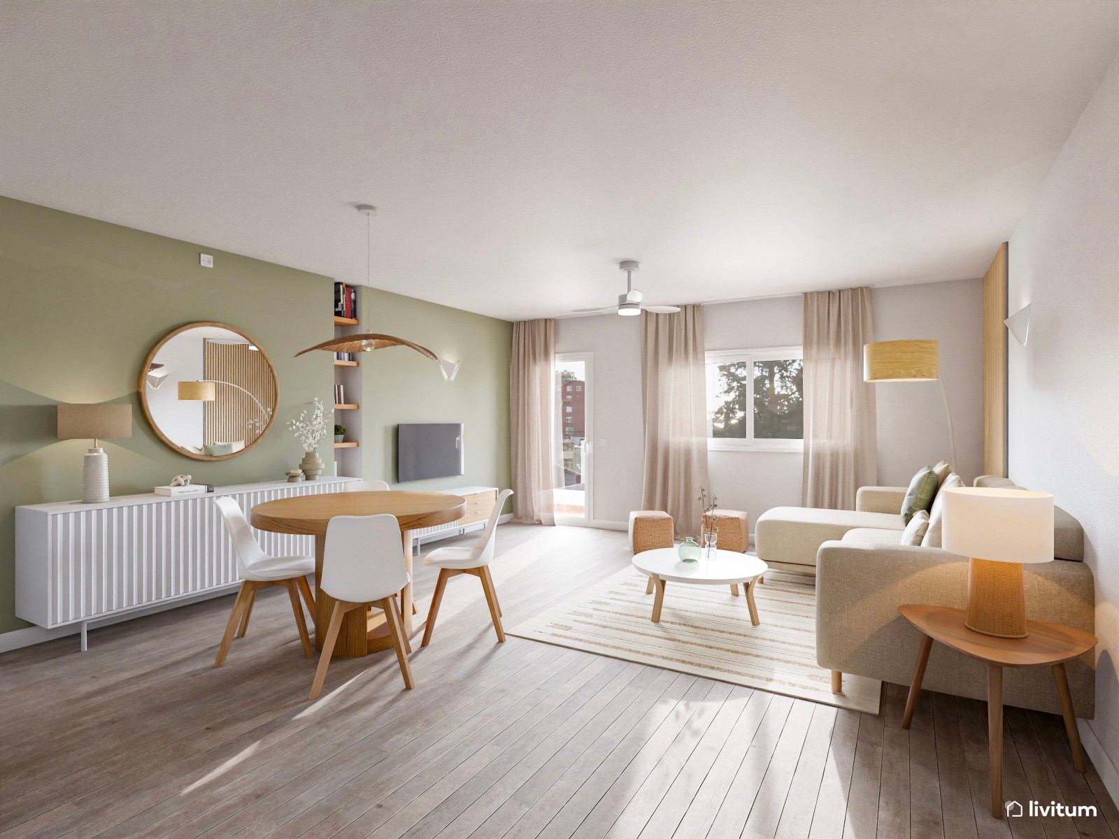 Salón comedor en blanco, verde y madera
