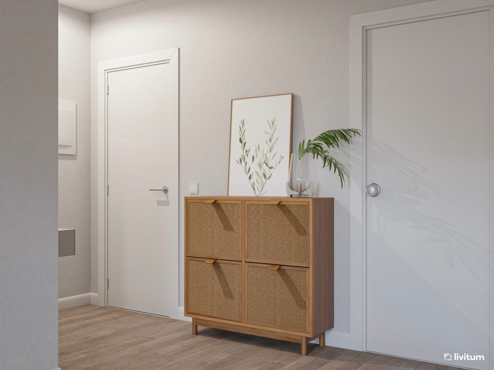 Salón comedor en blanco, verde y madera