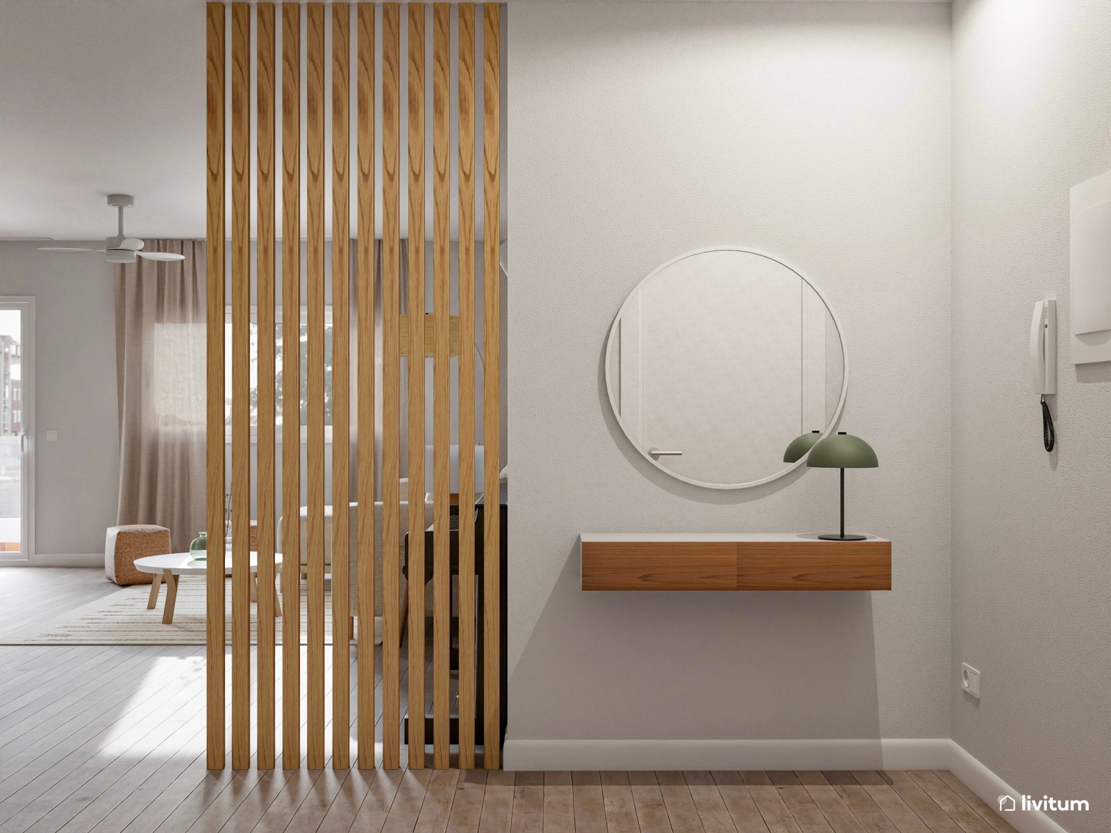 Salón comedor en blanco, verde y madera