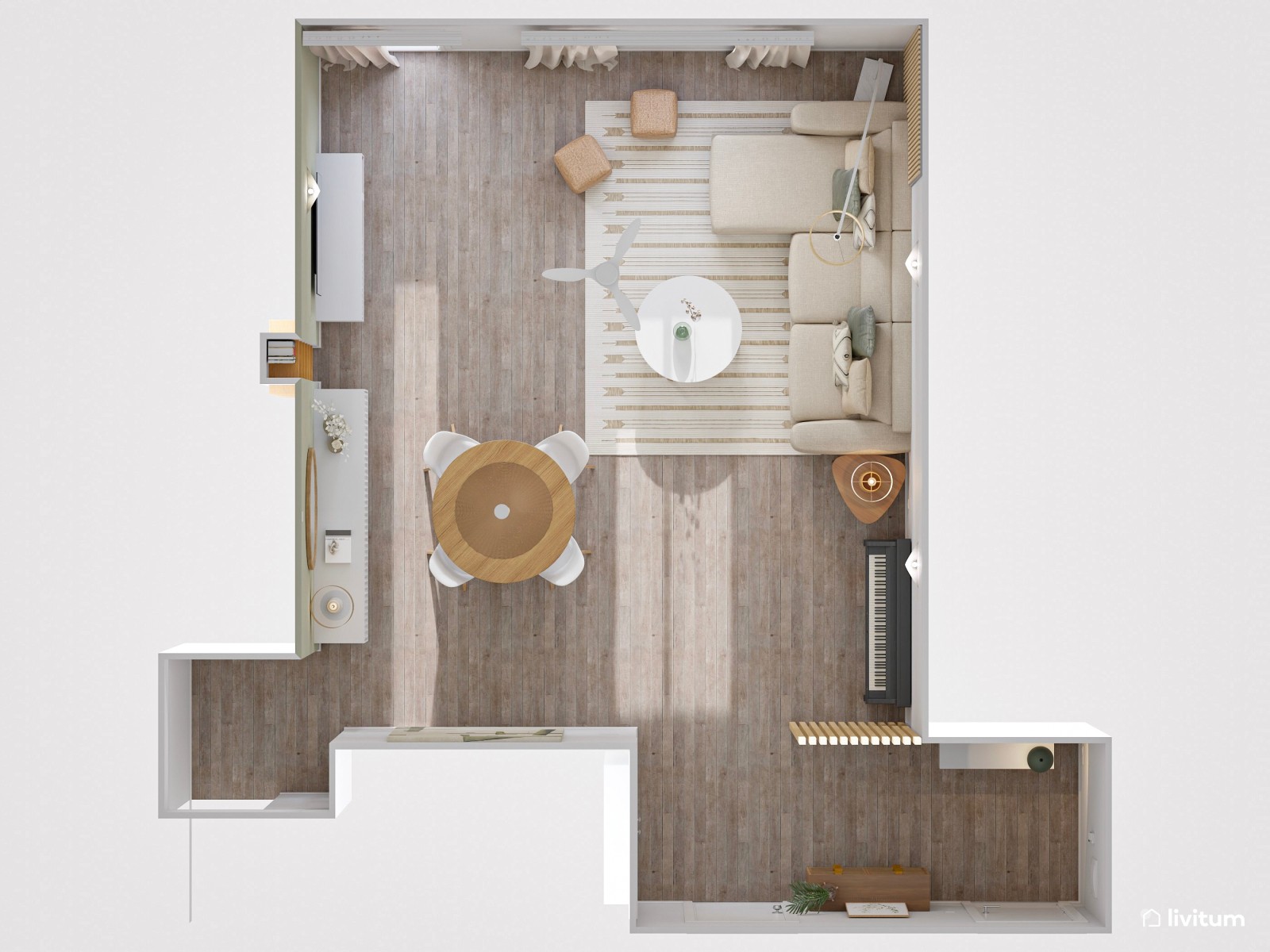 Salón comedor en blanco, verde y madera