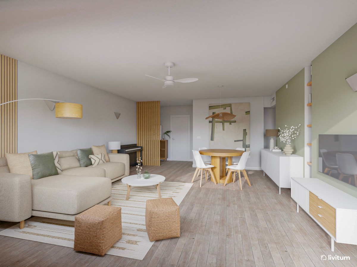 Salón comedor en blanco, verde y madera