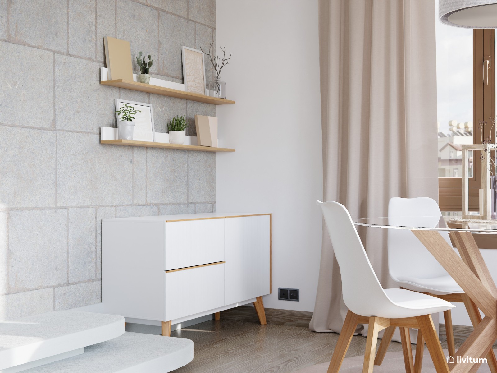 Salón-comedor en blanco y beige 