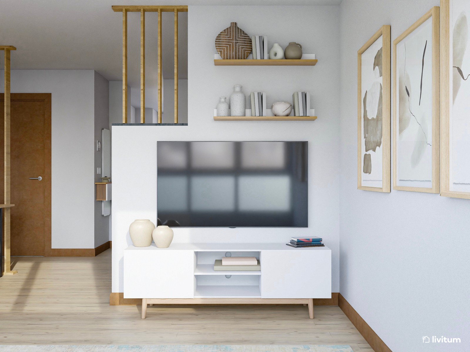 Salón comedor en blanco y madera con cómoda zona de trabajo 