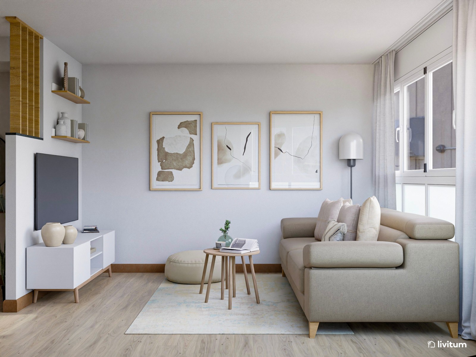 Salón comedor en blanco y madera con cómoda zona de trabajo 