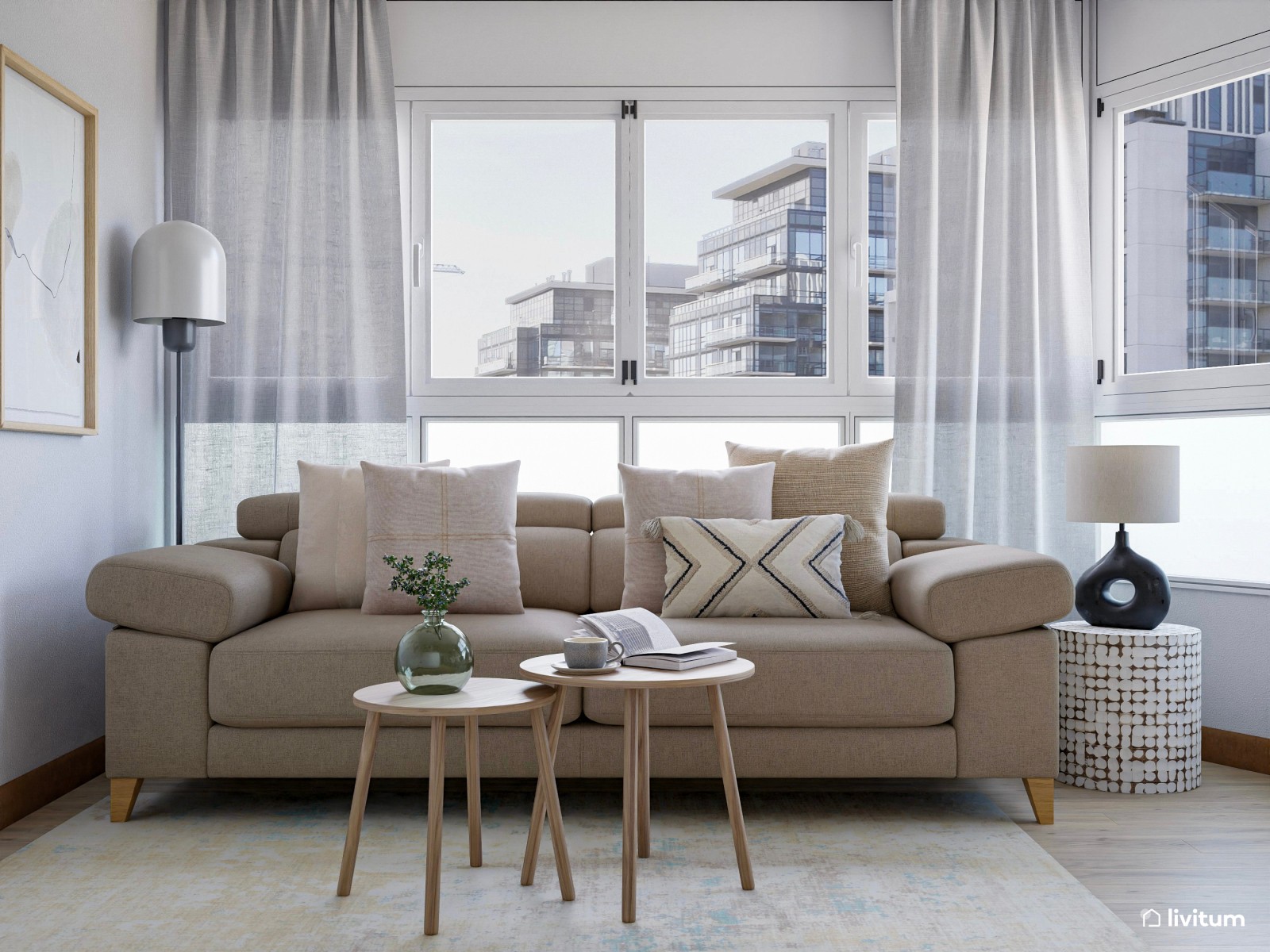Salón comedor en blanco y madera con cómoda zona de trabajo 