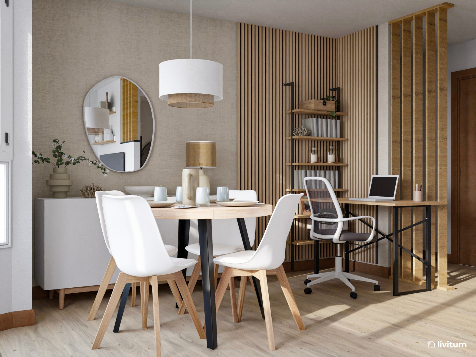 Salón comedor en blanco y madera con cómoda zona de trabajo 