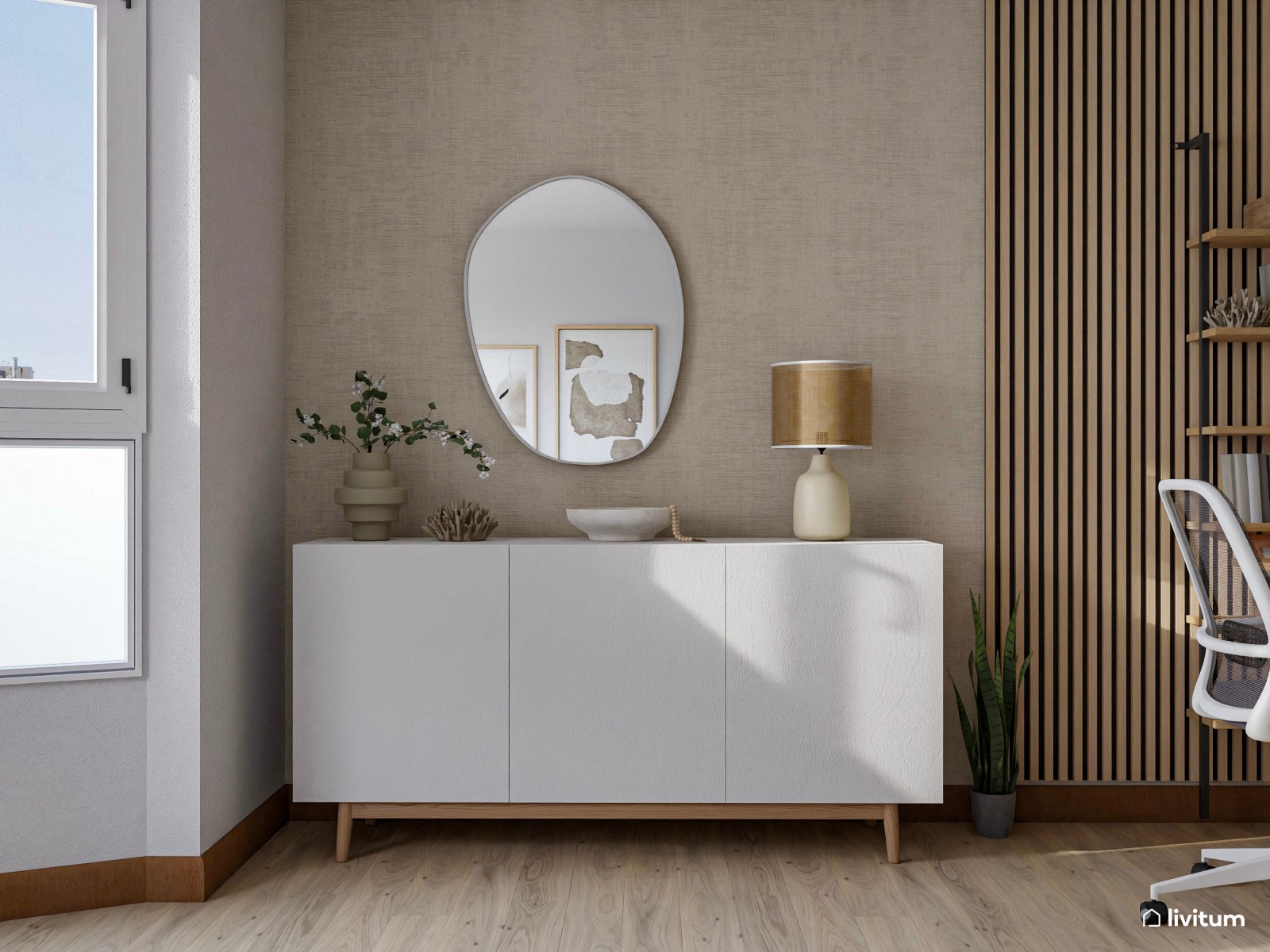 Salón comedor en blanco y madera con cómoda zona de trabajo 