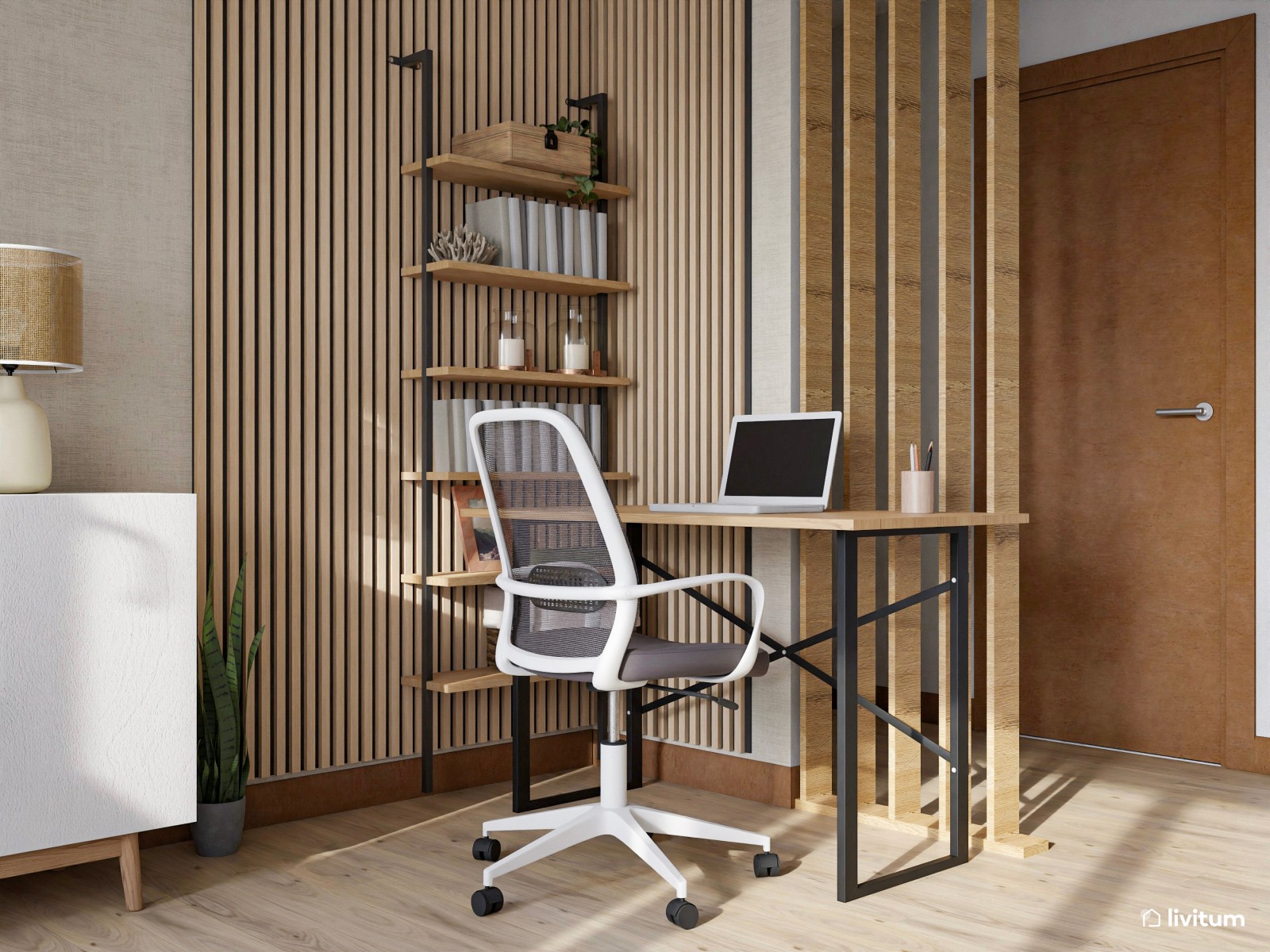 Salón comedor en blanco y madera con cómoda zona de trabajo 