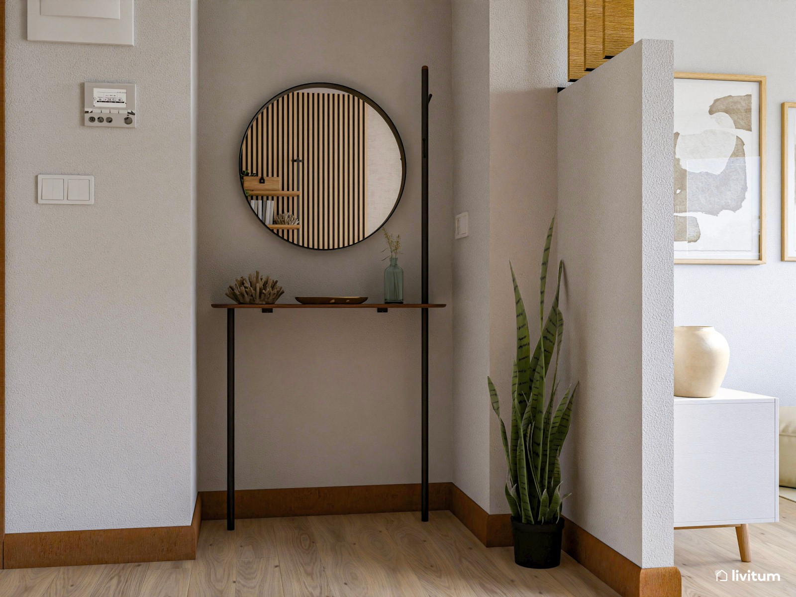 Salón comedor en blanco y madera con cómoda zona de trabajo 