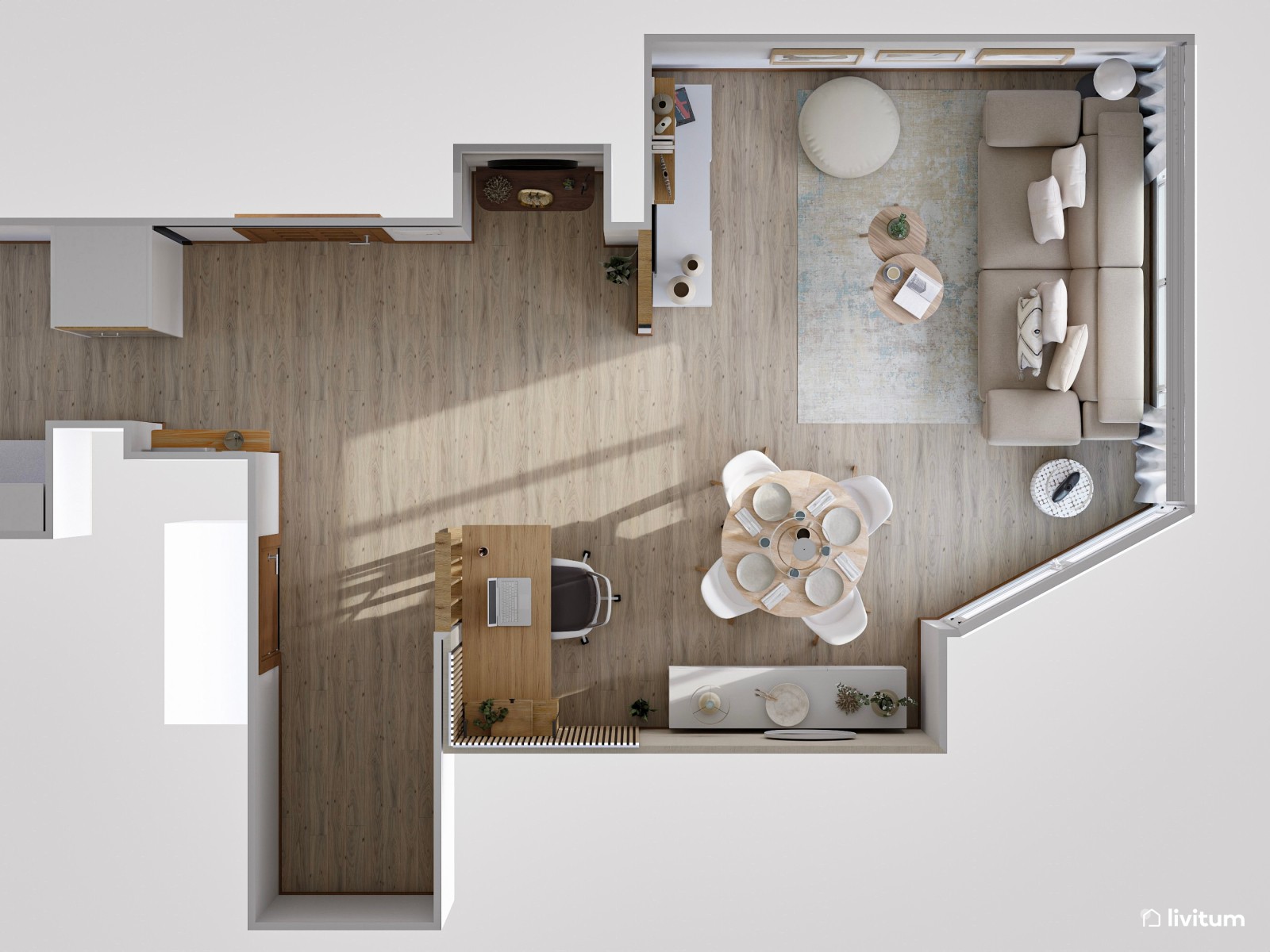 Salón comedor en blanco y madera con cómoda zona de trabajo 