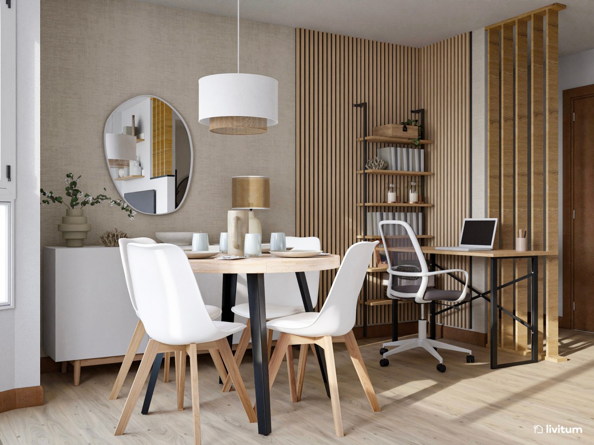 Salón comedor en blanco y madera con cómoda zona de trabajo