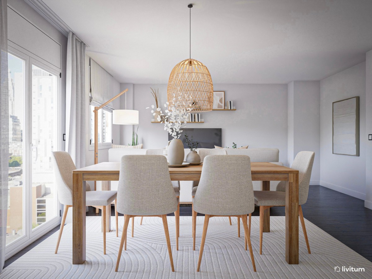 Salón comedor en blanco y madera con mucho encanto