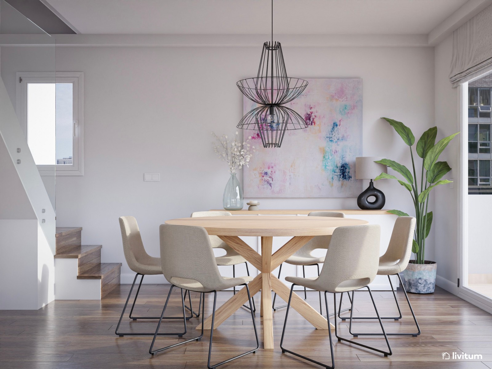 Salón comedor en colores neutros con toques naturales