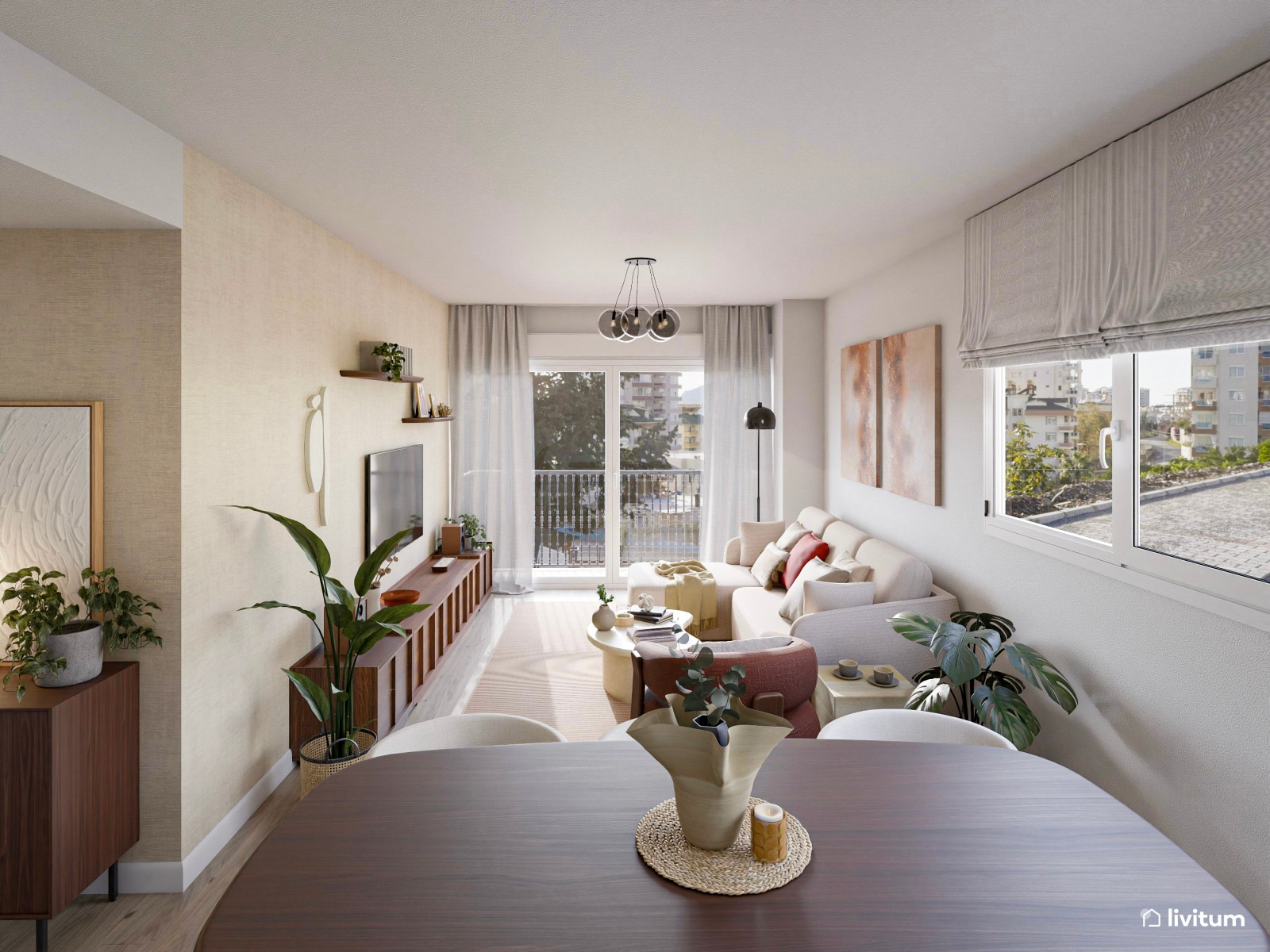 Salón comedor en forma de L con amplia estantería de madera oscura
