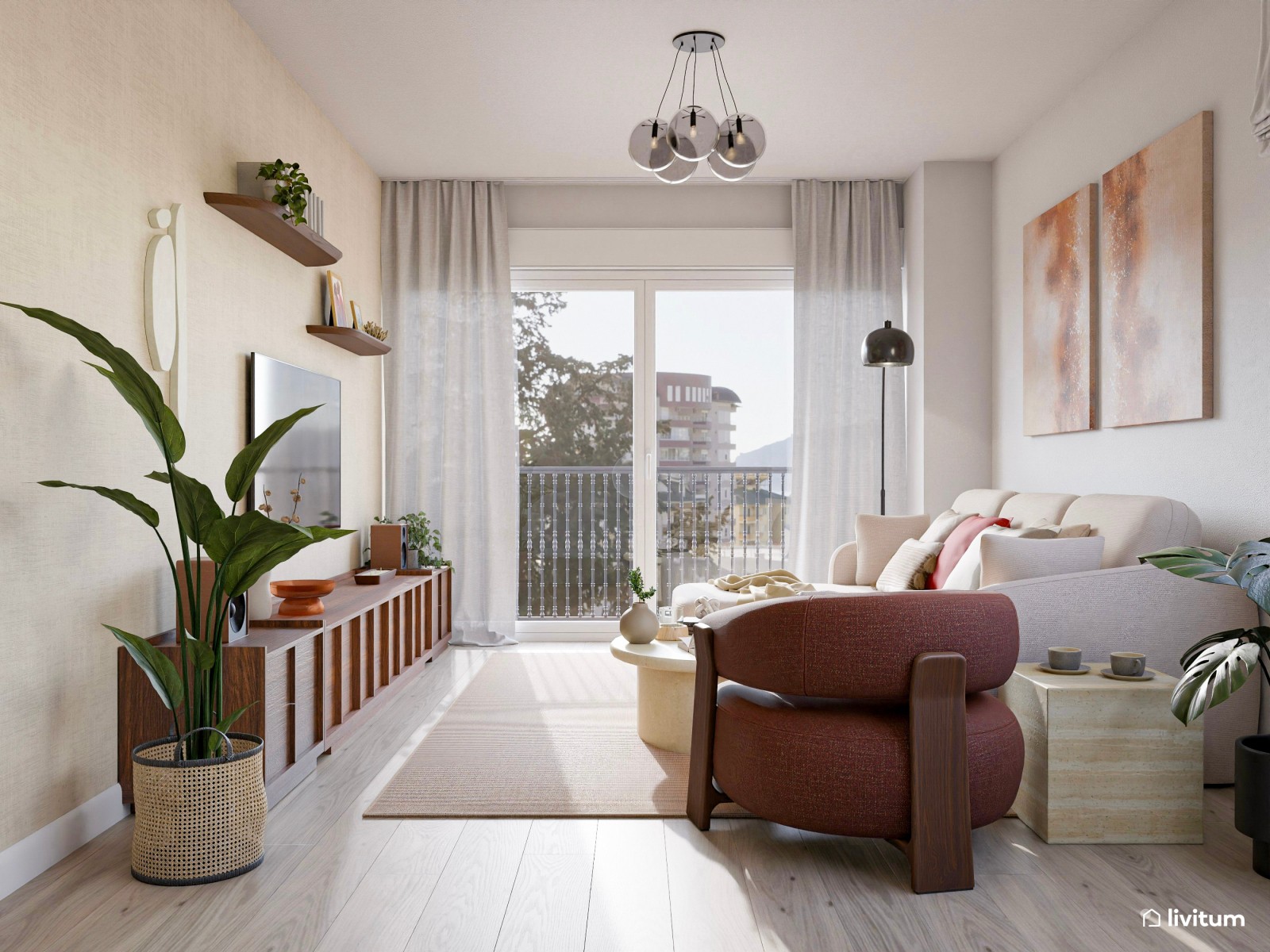 Salón comedor en forma de L con amplia estantería de madera oscura