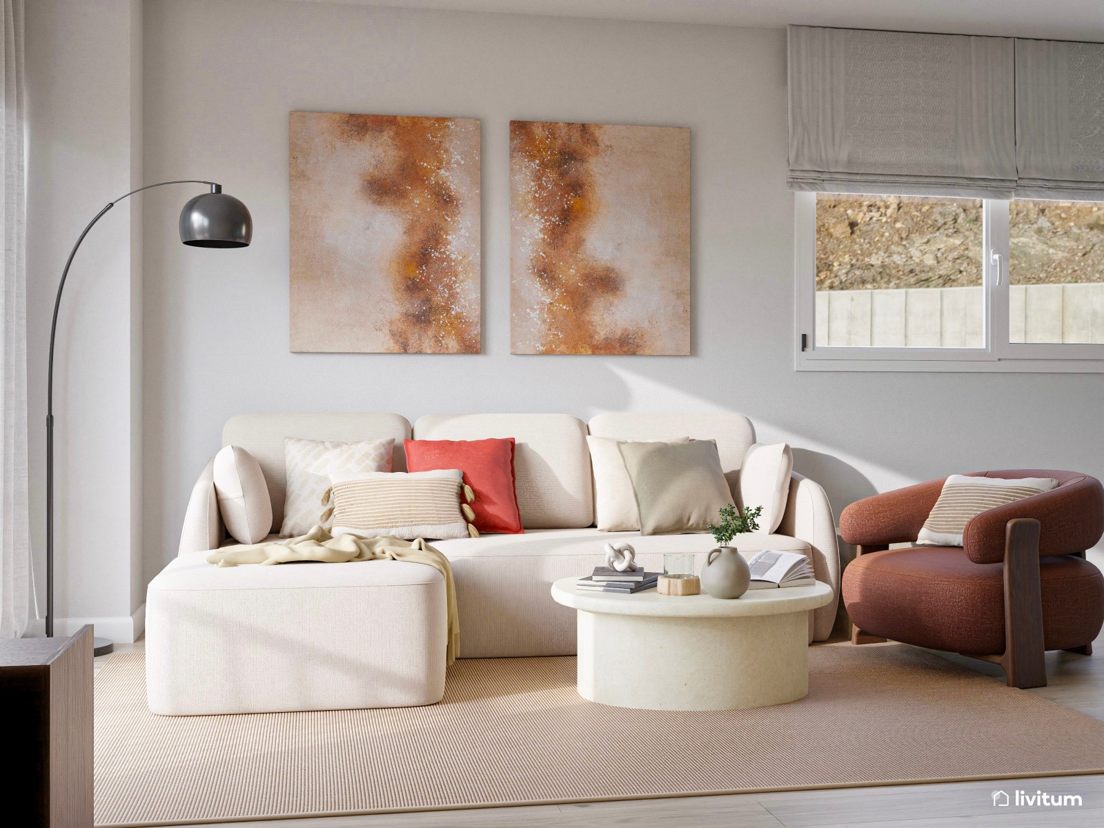 Salón comedor en forma de L con amplia estantería de madera oscura