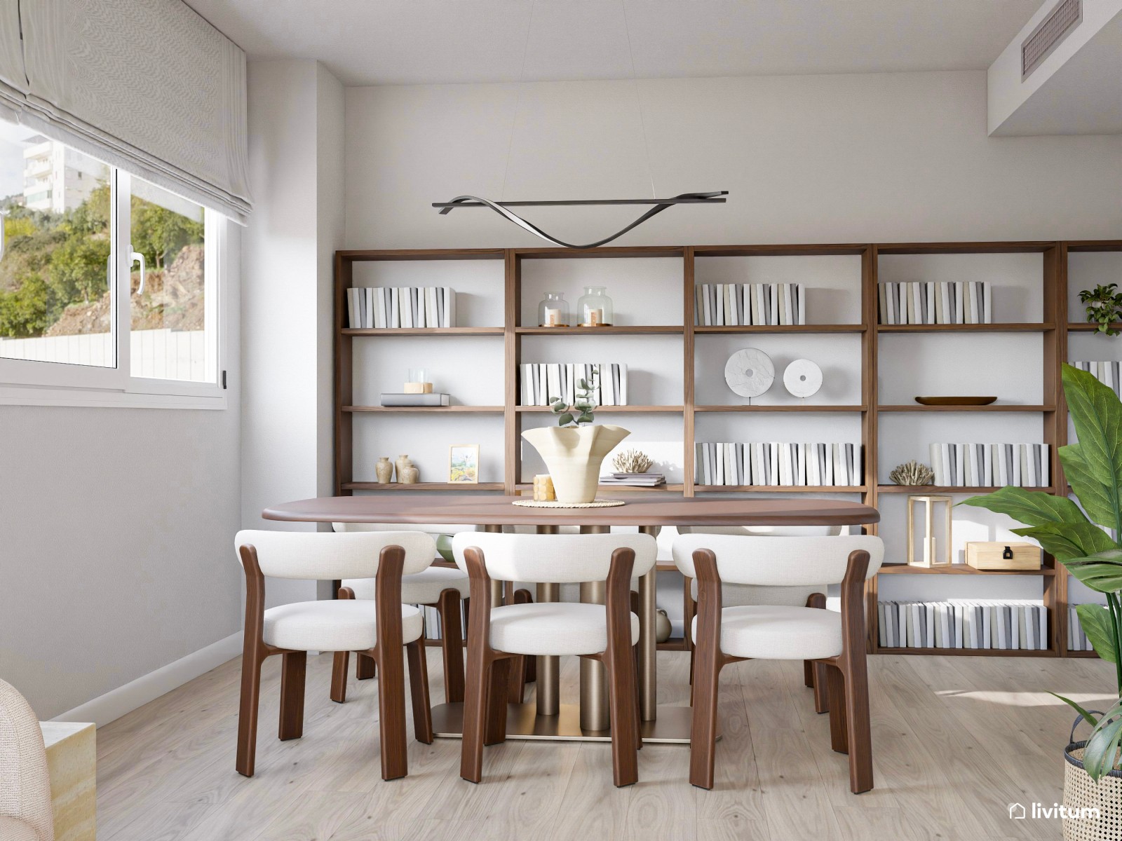 Salón comedor en forma de L con amplia estantería de madera oscura