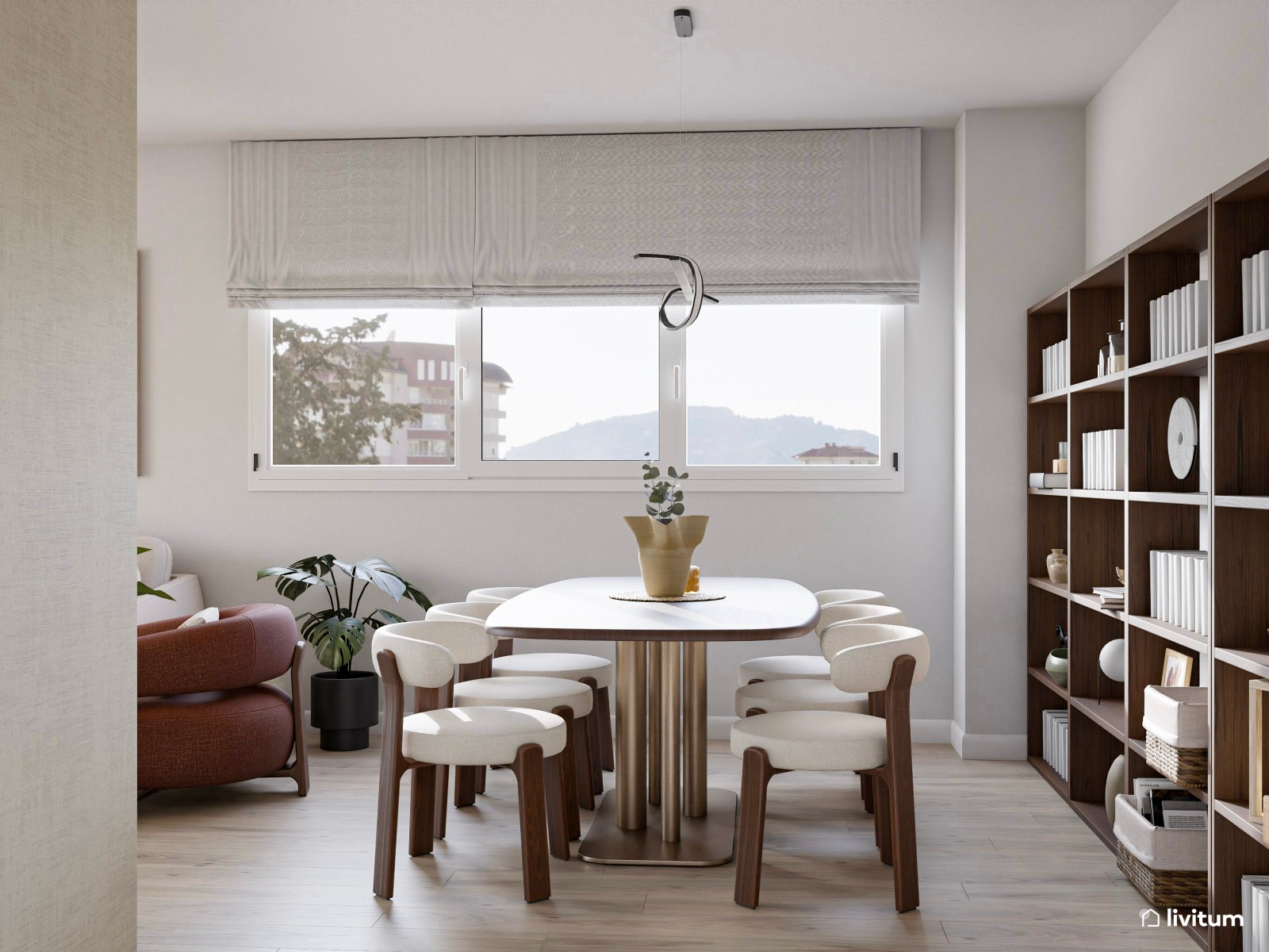 Salón comedor en forma de L con amplia estantería de madera oscura