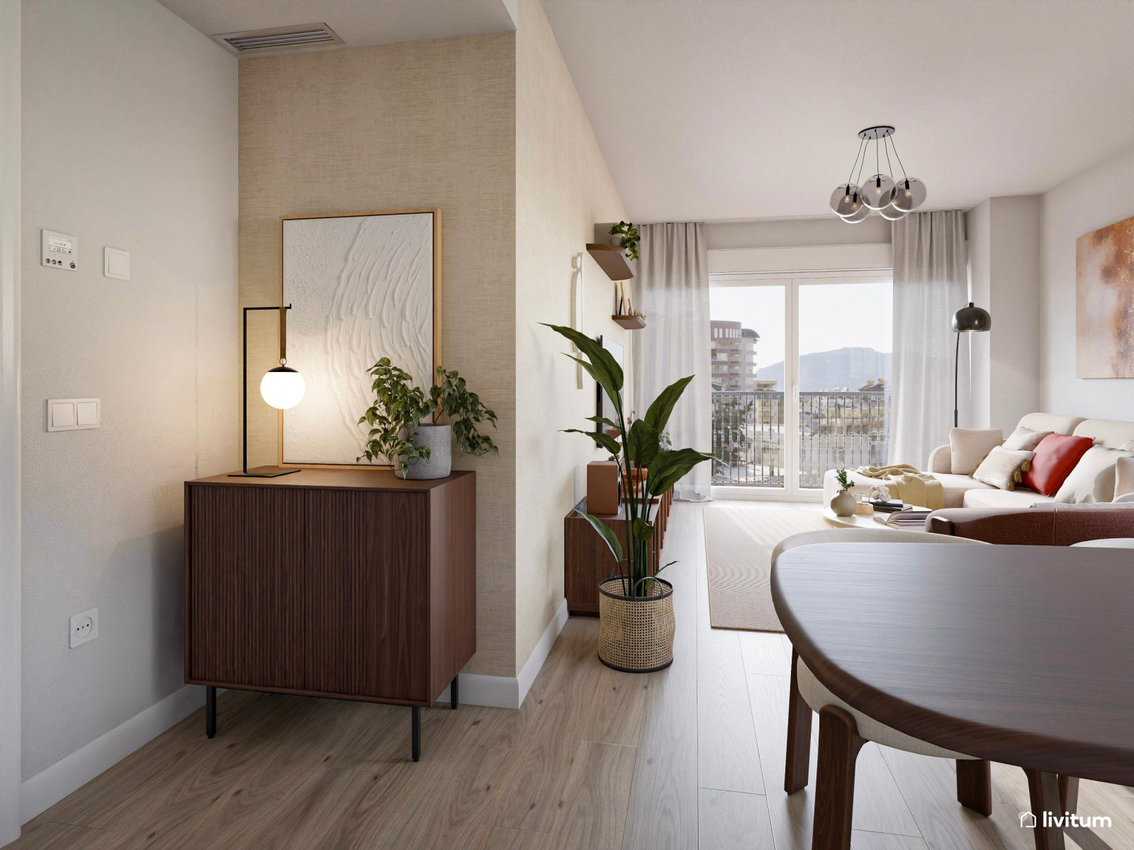 Salón comedor en forma de L con amplia estantería de madera oscura